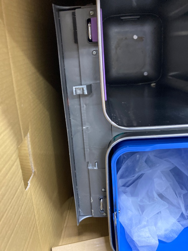 Photo 1 of **This item is damaged****simplehuman 58 Liter / 15.3 Gallon Rectangular Hands-Free Dual Compartment Recycling Kitchen Step Trash Can with Soft-Close Lid, Brushed Stainless Steel