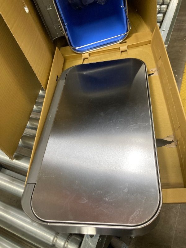 Photo 1 of **This item is damaged****simplehuman 58 Liter / 15.3 Gallon Rectangular Hands-Free Dual Compartment Recycling Kitchen Step Trash Can with Soft-Close Lid, Brushed Stainless Steel