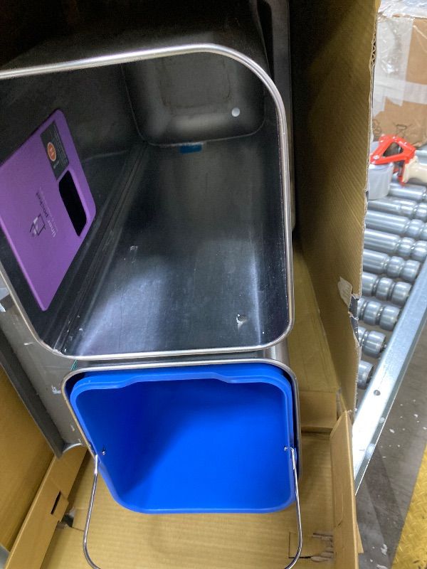 Photo 1 of **This item is damaged****simplehuman 58 Liter / 15.3 Gallon Rectangular Hands-Free Dual Compartment Recycling Kitchen Step Trash Can with Soft-Close Lid, Brushed Stainless Steel