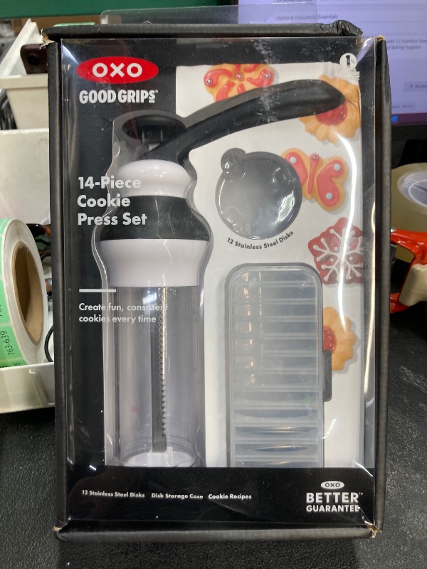 Photo 1 of ***missing parts***OXO Good Grips 14-Piece Cookie Press Set, Cookie Press with 12 Stainless Steel Disks and Storage Case, Holiday Baking and Everyday Treats, Essential Baking Supplies***missing parts***