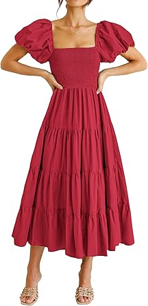 Photo 1 of  Dress for Women Summer  Loose Short Flowy Pleated Mini Babydoll Sundresses(Red,  small