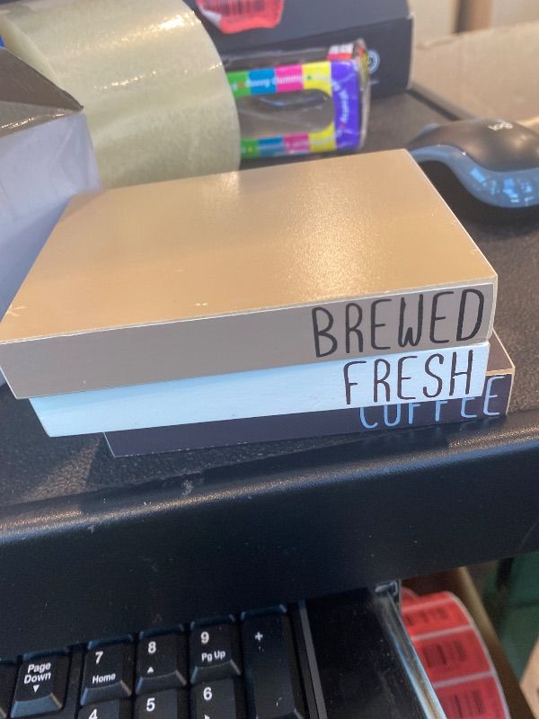 Photo 1 of ***MISSING PIECES*** Yookeer 4 Pcs Coffee Bar Decor Accessories Coffee Signs Mini Wooden Book Stacks Cafe Shop Decoration for Tiered Tray Table Shelf Rustic Farmhouse Home Decor