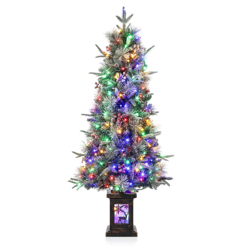 Photo 1 of Garvee 4.5ft Christmas Tree with 150 Multicolor Led Lights, Pre-Lit Snow Flocked Christmas Tree with Elk Potted Base, Holiday Xmas Tree Decoration for Home, Entrances, 1 PCS