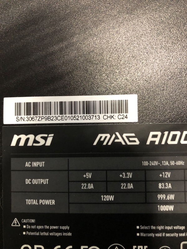 Photo 1 of MSI MAG A1000GL PCIE5, Fully Modular Compact Gaming 1000W Power Supply, 80+ Gold, ATX 3.1 & PCIe 5.1 Ready, Native Dual-Color 12V-2x6 Cable, 10 Year Warranty