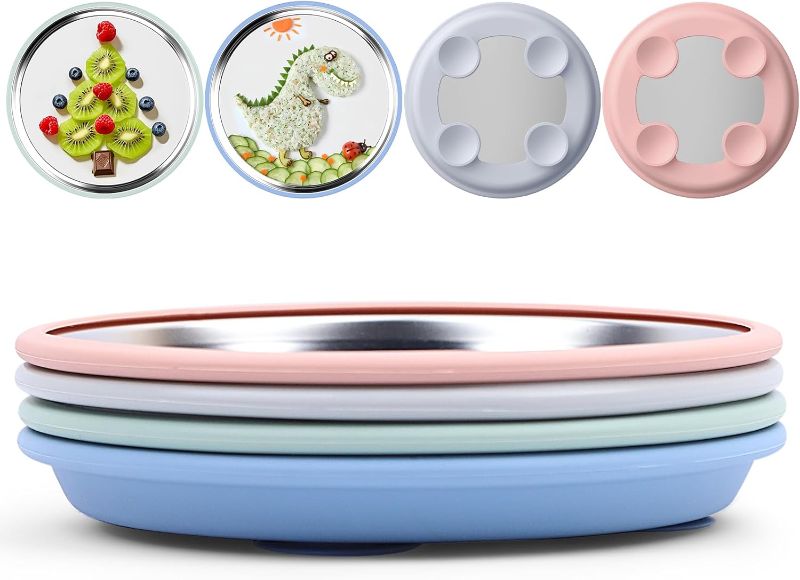 Photo 1 of *** ONLY REMOVABLE SILICONE SLEEVES  /RETAIL PRICE  $10.04 *** 
Stainless Steel Suction Plates for Toddlers, 9" Divided Kids Baby Plates with Removable Silicone Suction, Non Toxic Non Slip Portion Control Snack Dishes 4 Packs, Blue Green Gray Pink