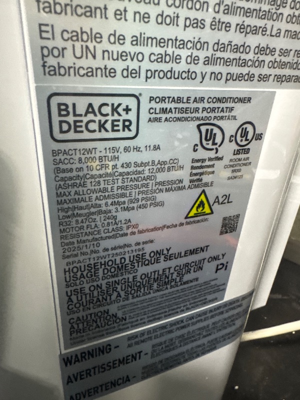 Photo 1 of *********TURNS ON PERFECTLY******* cools quickly****** BLACK+DECKER Portable Air Conditioner, 12,000 BTU (8,000 BTU SACC) for Rooms up to 550 Sq. Ft., Portable AC with Follow Me Remote Control and Window Kit, BPACT12WT, White