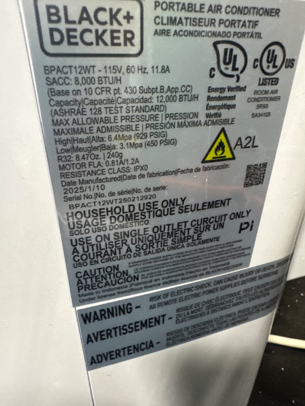 Photo 1 of  *********TURNS ON PERFECTLY******* cools quickly*****  BLACK+DECKER Portable Air Conditioner, 12,000 BTU (8,000 BTU SACC) for Rooms up to 550 Sq. Ft., Portable AC with Follow Me Remote Control and Window Kit, BPACT12WT, White