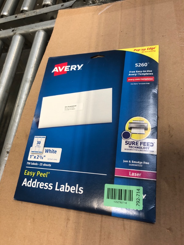 Photo 1 of **** ONLY 1 PK *** Avery Easy Peel Printable Address Labels with Sure Feed, 1" x 2-5/8" Customizable Stickers, White, 1,500 Blank Mailing Labels, Great for Mailing, Shipping, and More (2-Pack of 5260)