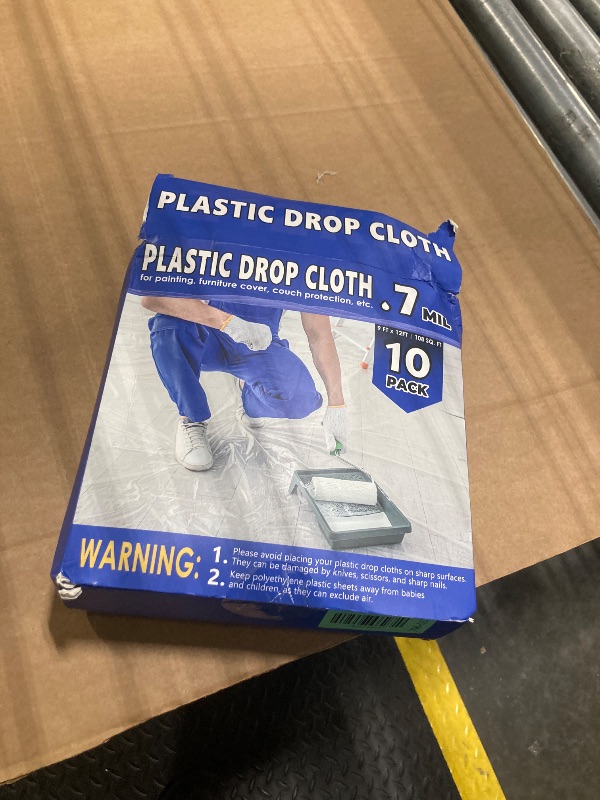 Photo 1 of 0.7 Mil Plastic Drop Cloths for Painting, 9x12 Ft Extra Large Painting Supplies, Plastic Sheet Dust Cover for Furniture, Floor, Couch Protector (10-Pack)