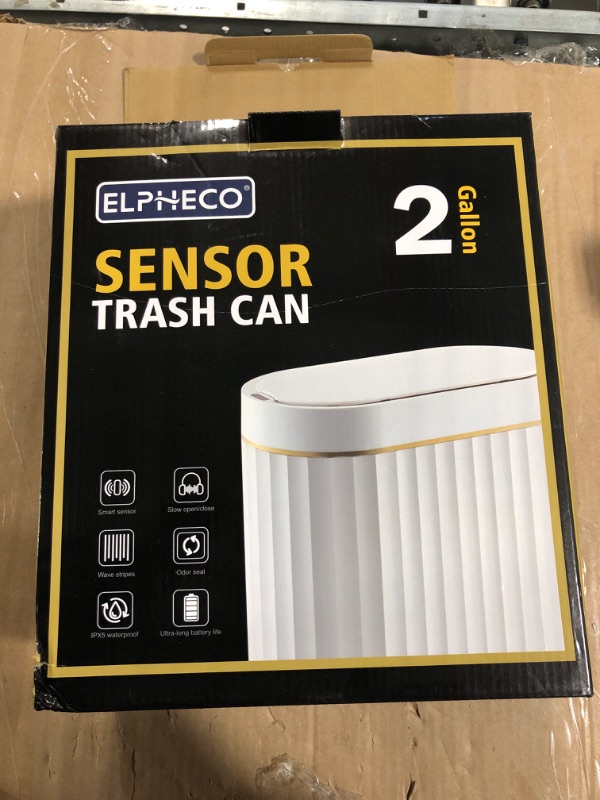 Photo 1 of ELPHECO Automatic Motion Sensor Trash Can - 2 Gallon Slimline for Bathroom, Bedroom, Kitchen, Office - White with Gold Trim