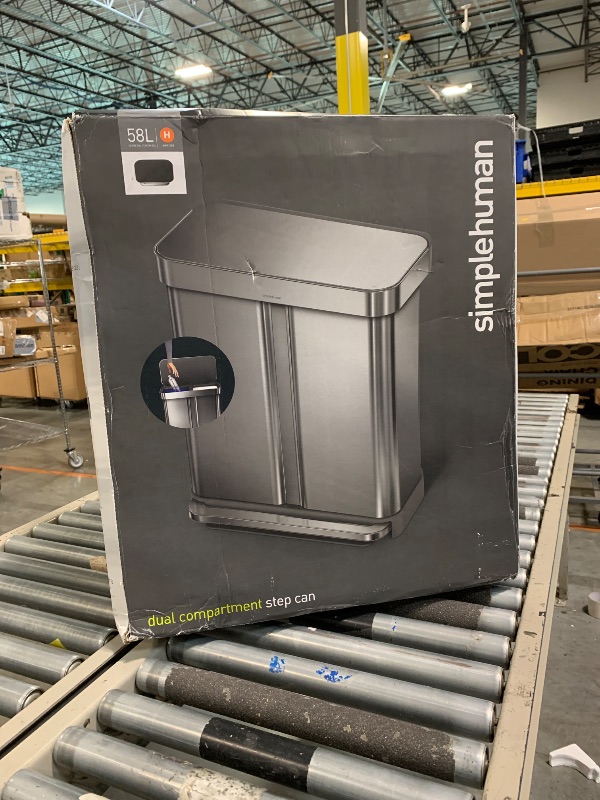 Photo 3 of simplehuman 58 Liter / 15.3 Gallon Rectangular Dual Compartment Recycling Kitchen StepTrash Can with Soft-Close Lid, Brushed Stainless Steel with Black Plastic Lid