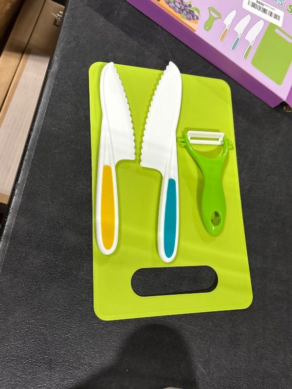 Photo 1 of *MISSING ONE KNIFE**
Kids Knife Set, 5 Pcs Montessori Kitchen Tools for Toddlers' Real Cooking, BPA Free Kids Safe Kitchen Cooking and Baking Set with Peeler, Cutting Board for Sandwich Bread Vegetable Fruit Present Gift