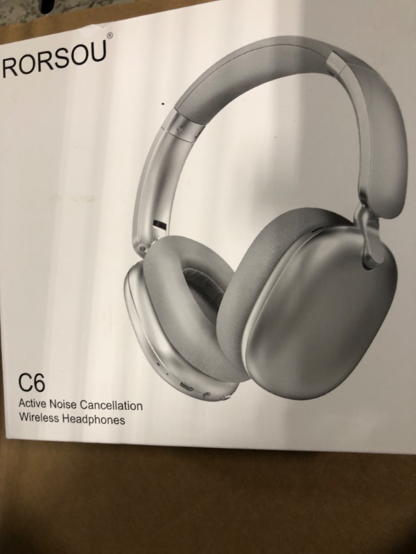 Photo 1 of ****One side damage**** RORSOU C6 Active Noise Cancelling Headphones, Wireless Over Ear Bluetooth Headphones, 60H Playtime, Lightweight Folding Deep Bass Comfort Fit Ear Cups Headset with Mic for iPad/Travel/PC/Home Silver