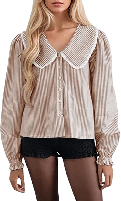 View 1 of *** RETAIL PRICE $ 28.99 *** Striped Button Down Shirts for Women Casual V Neck Long Sleeve Blouse Loose Puff Sleeve Babydoll Tops Business Work Large