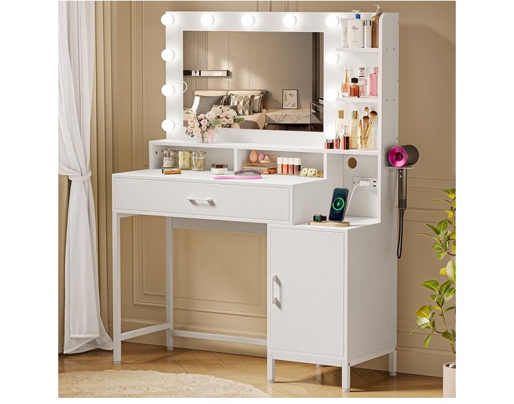Photo 1 of 
Vanity Desk with Mirror and Lights, Makeup Vanity with Storage Drawer, Power Outlet and Large Cabinet for Bedroom - White
