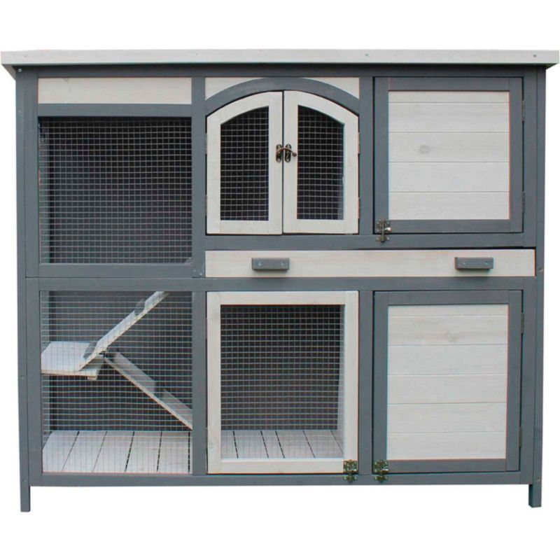 Photo 1 of Hanover Outdoor Wooden 2-Story Rabbit Hutch with 2 Ramps, Wire Mesh Run and Removable Tray 4 Ft. W x 1.6 Ft. D x 3.4 Ft. H

