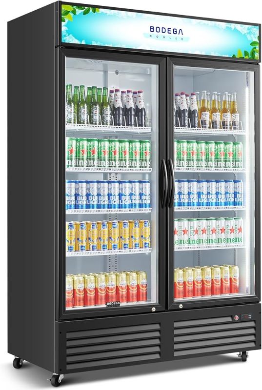 Photo 1 of BODEGACOOLER Commercial Merchandiser Refrigerator, 2 Glass Door Commercial Beverage Refrigerator, 40 Cu. Ft Beverage Display Cooler with Soft LED Light, Adjustable Shelves and 4 Strong Castors(Black)