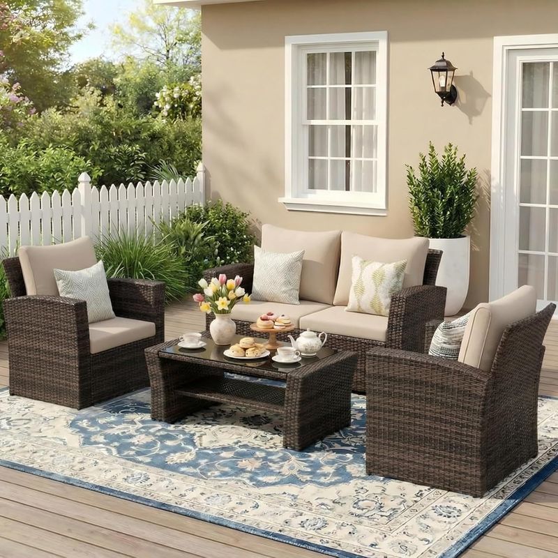 Photo 1 of Wisteria Lane 4 Piece Patio Furniture Set, Wicker Outdoor Patio Conversation Furniture Set, All Weather Outdoor Patio Sofa with Cushion and Glass Table, Brown

