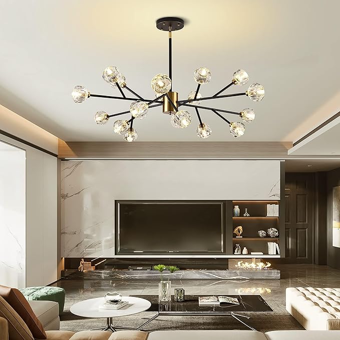 Photo 1 of KoKo&Yukina 18-Lights Sputnik Chandeliers Mid Century 40" Modern Black and Gold Chandelier Sputnik Light Fixture Crystal Branch Chandelier for Dining Room Living Room (18 x Warm White Bulb Incl.)