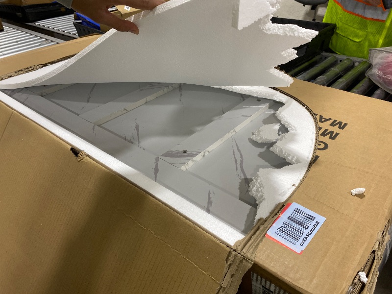 Photo 1 of GiftGo Rustic Coffee Table with Storage Modern 3 Tier Center Living Room Table Faux Marble Wooden Rectangle Cocktail Tea Table for Office Bedroom Elegant Full Moon Design (White Gold, L-47)