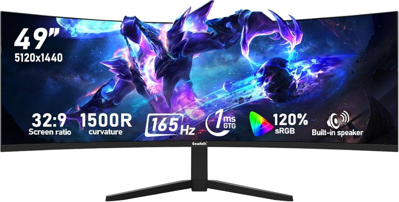 Photo 1 of Gawfolk 49 inch Ultra-Wide Curved 1500R Gaming Computer Monitor, DQHD(5120×1440), 165Hz, 1MS, FreeSync, 120% sRGB, Built-in speaker PC Screen, HDMI2.1 & DP1.4, Compatible Wall Mount 100*100mm- Black
