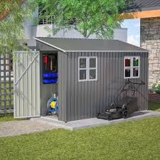 Photo 1 of 4 x 10 ft Metal Outdoor Storage Shed with 2 Windows, Lean to Storage Sheds W/lockable Door, Foundation & Air Vents, All Weather Waterproof Garden Tool House for Backyard, Patio, Lawn, Gray