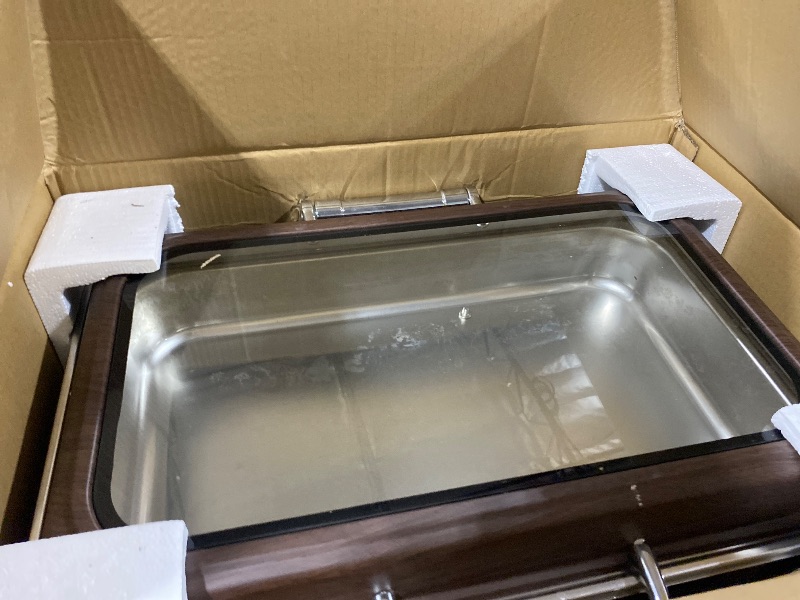 Photo 1 of Chafing Dishes for Buffet, 9.5QT Square Stainless Steel Chafing Dish with Transparent Hydraulic Lid, 304 Food Pan, Buffet Warmer for Parties and Events (Wood Color)
