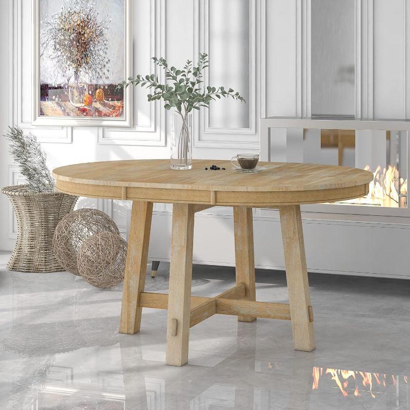 Photo 1 of Quarte Farmhouse Round Extendable Dining Table with 16" Leaf Wood Kitchen Table