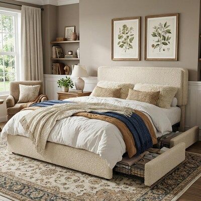 Photo 1 of Garvee Full Size Teddy Fleece Bed Frame Adjustable Cloud Headboard 2 Storage Drawers No Box Spring Required Cream
