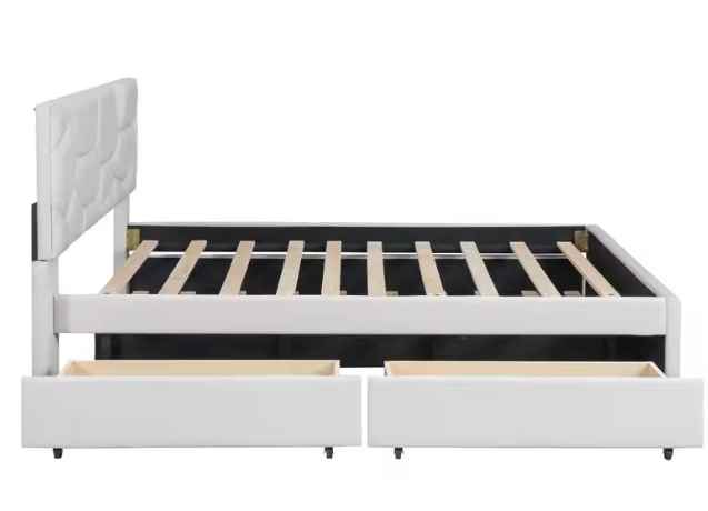 Photo 1 of Full-Size Upholstered Platform Bed with Brick Pattern Headboard, Twin Trundle, 2 Drawers, Linen Fabric, Beige Color