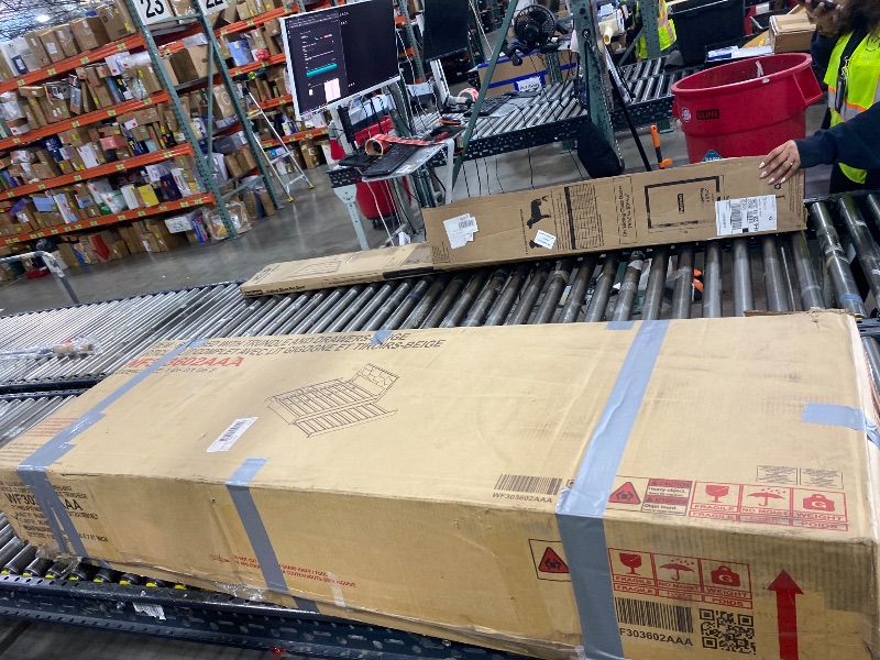 Photo 1 of Full-Size Upholstered Platform Bed with Brick Pattern Headboard, Twin Trundle, 2 Drawers, Linen Fabric, Beige Color
