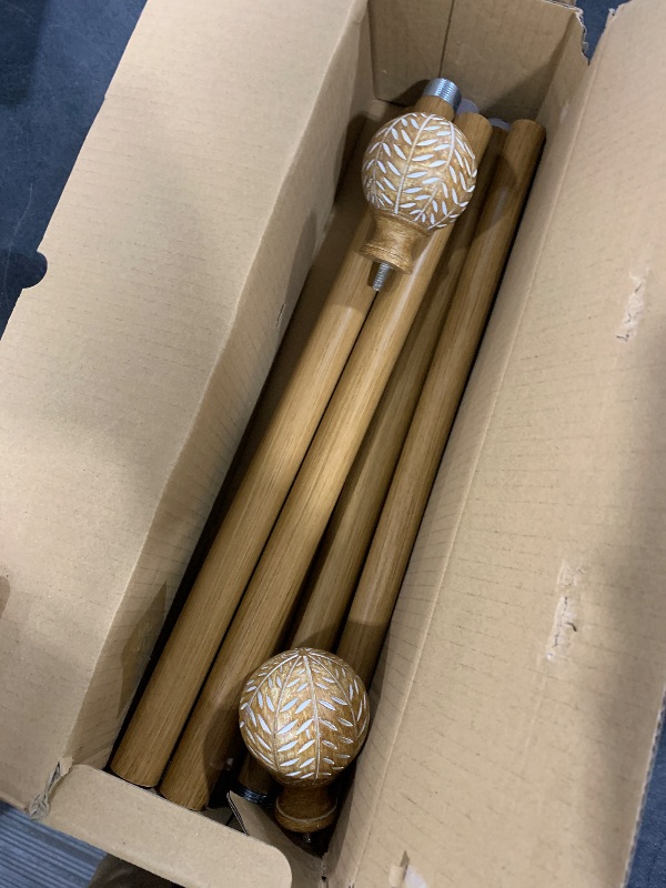 Photo 1 of QDWIS Wood Curtain Rods for Windows 48 to 84 Inch,1'' Diameter Drapery Rods with Imitation Wood Grain Leaf Pattern Finials,Boho Adjustable Heavy Duty Curtain Rods Set,36-88'',Color:Natural Wood
