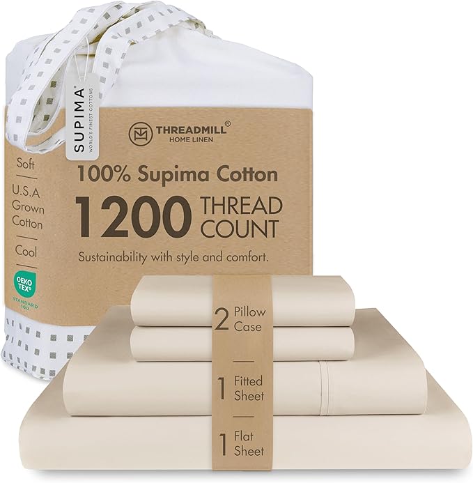 Photo 1 of Threadmill Luxury Supima Cotton Sheets, 1200 Thread Count Soft 100% Cotton Sheets for King Size Bed, 4 Pc Beige King Bed Sheets Set, 5-Star Hotel Quality with Elasticized Deep Pocket King Sheets