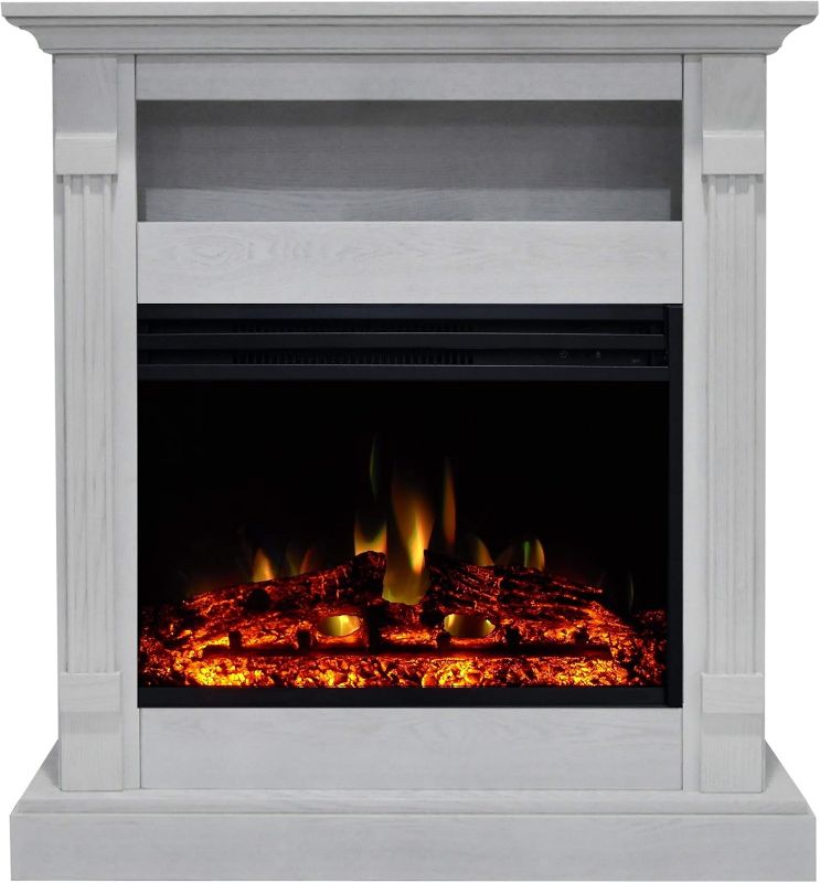 Photo 1 of Hanover Drexel 34'' Electric Fireplace Mantel with Deep Log Display and Realistic Multi-Color Flames, Modern Fireplace Heater Console for Home and Office with Remote Control in White