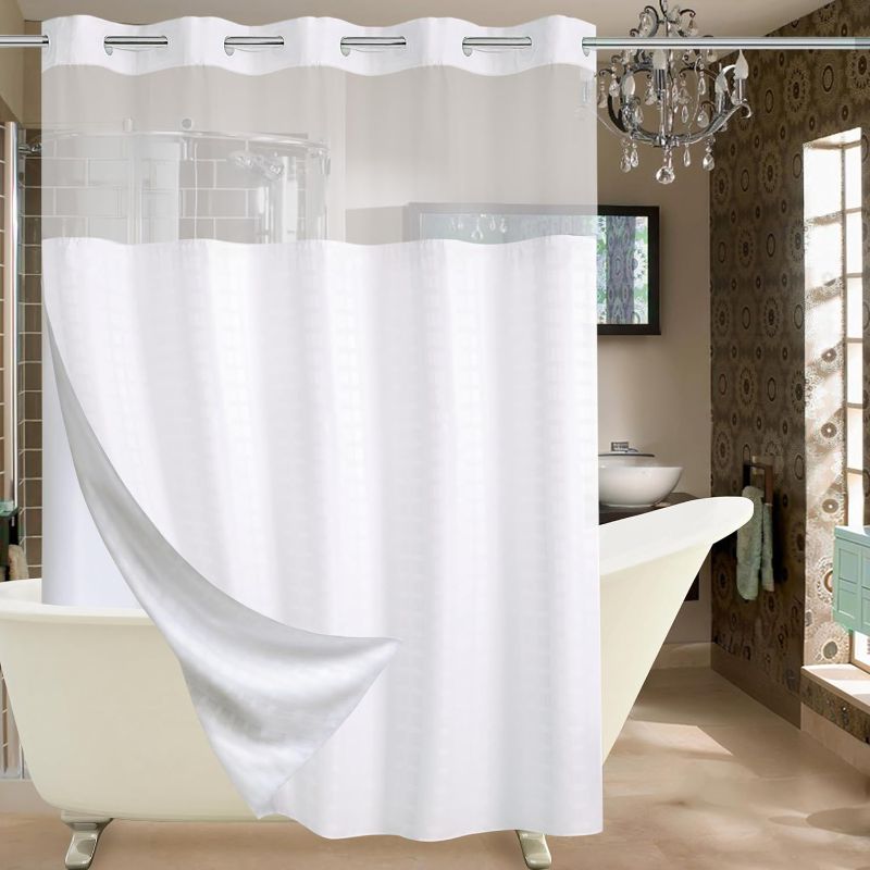 View 1 of Hook Shower Curtain with Snap in Liner Set, Hotel Luxury White Shower Curtains for Bathroom with See Through Top Window, Waterproof, Washable