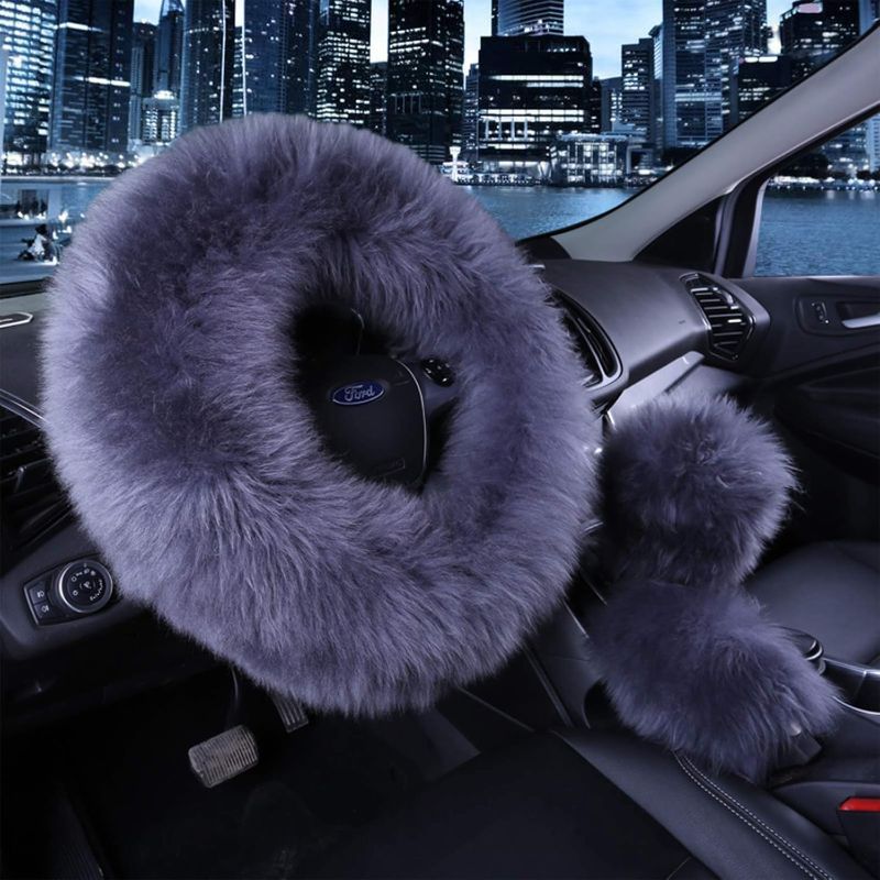 Photo 1 of 1 Set 3 Pcs Car Steering Wheel Cover & Handbrake Cover & Gear Shift Cover Set Faux Wool Warm Winter (Dark Gray-3pcs)
