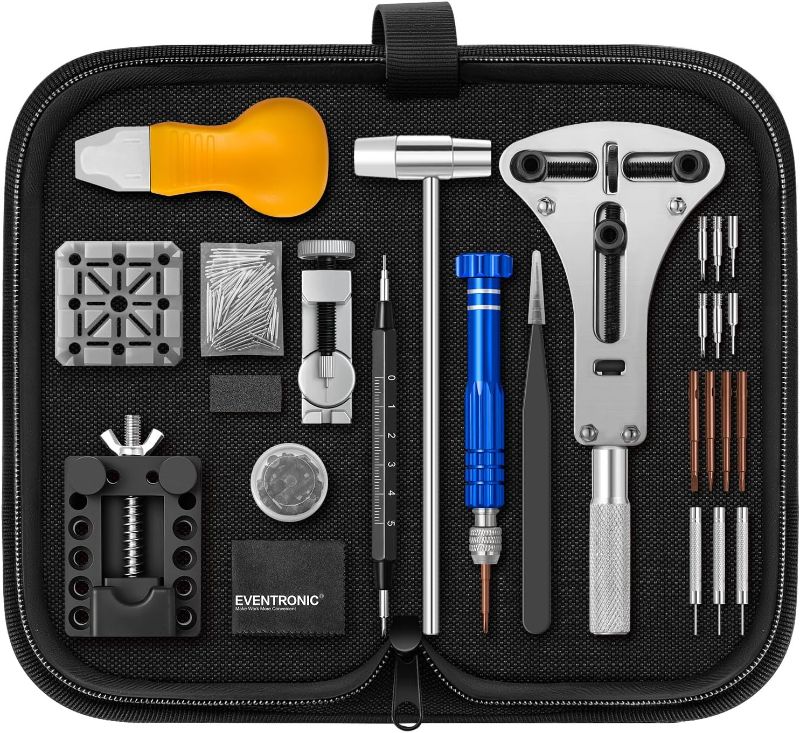 Photo 1 of ?2025 Upgrade?Eventronic Watch Repair Kit, Watch Link Removal Kit, Watch Battery Replacement Tool Kit & Strap Adjustment, Watch Tool Kit with Spring Bar, Case Opener, Link Remover, Carrying Case
