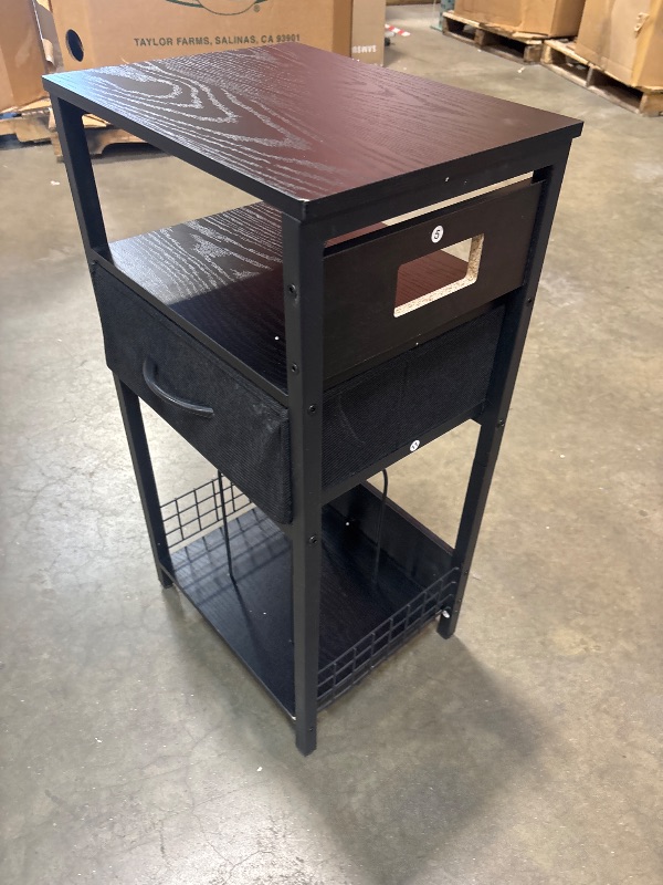 Photo 1 of ***HAS DAMAGED TABLETOP*** Yoobure Side Table - Night Stand with Charger Station & LED Light, 3 Tier Small End Table Living Room, Bedside Table with Drawer, Record Player Stand with Vinyl Storage, Black Nightstand for Bedroom