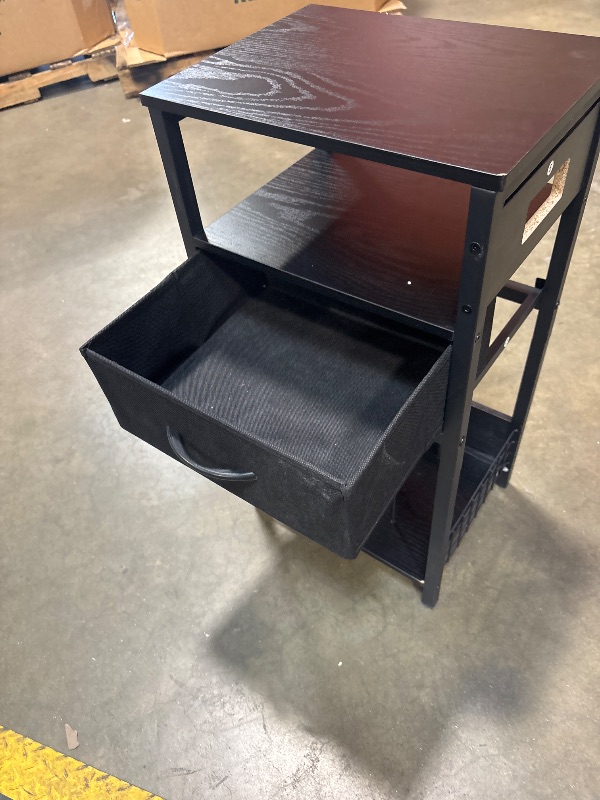 Photo 1 of ***HAS DAMAGED TABLETOP*** Yoobure Side Table - Night Stand with Charger Station & LED Light, 3 Tier Small End Table Living Room, Bedside Table with Drawer, Record Player Stand with Vinyl Storage, Black Nightstand for Bedroom