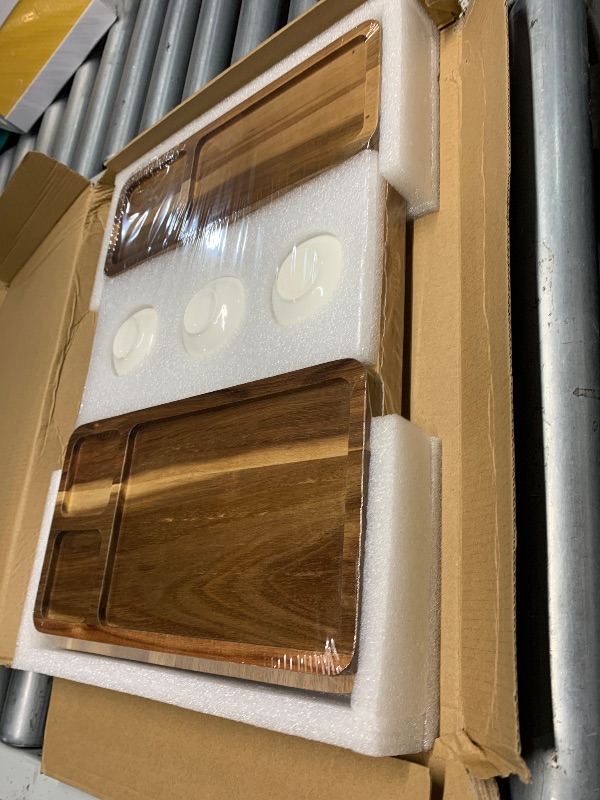 Photo 1 of ***FACTORY SEALED***9 PCS Acacia Wood Cheese Board and Knife Set Large Charcuterie Platter Meat Cheese and Cracker Tray Vegetarian Fruit Snack Boards Food Serving Tray Grazing Board Magnetic Charcuterie Boards Gift Set