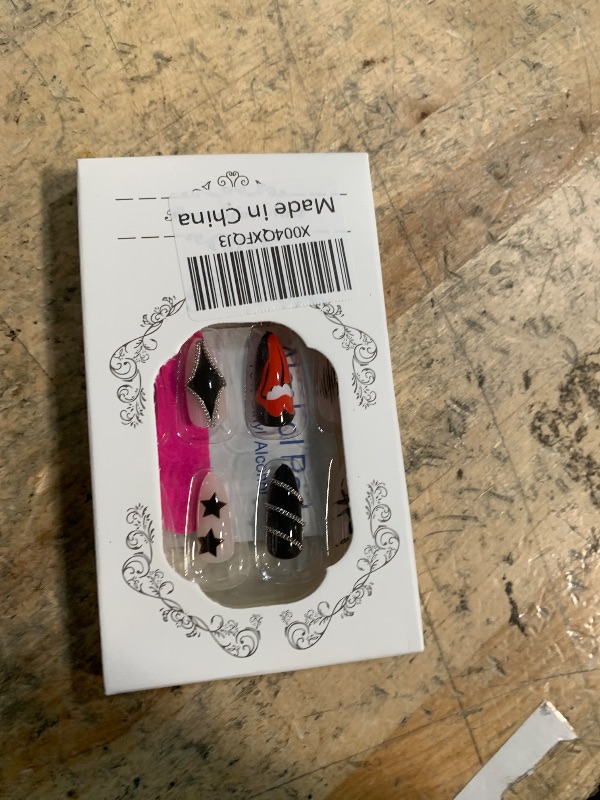 Photo 1 of 24Pcs Medium Almond Press on Nails Halloween Fake Nails Red Black False Nails with Spider Web Lips Design Handmade Acrylic Nails Press ons Halloween Glue on Nail Full Cover Stick on Nail for Women