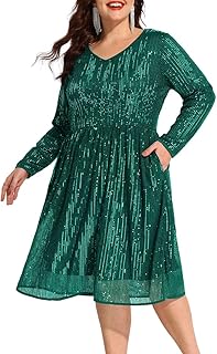 Photo 1 of  COOAN Plus Size Sequin Dresses for Women V Neck Long Sleeve Party Dress Sparkle 3XL