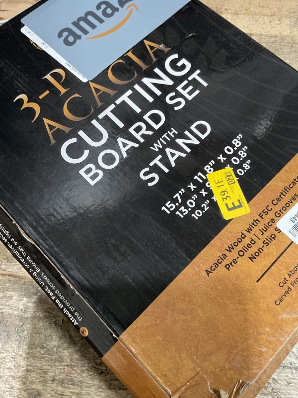 Photo 1 of **DAMAGED BOARD**Pre-Oiled, Non Toxic 3-Piece Acacia Cutting Board Set with Stand, FSC Certified Wooden Chopping Boards with Juice Grooves for Meat. 3 Size Wood Carving Boards for Home & BBQ Kitchens by Deer & Oak