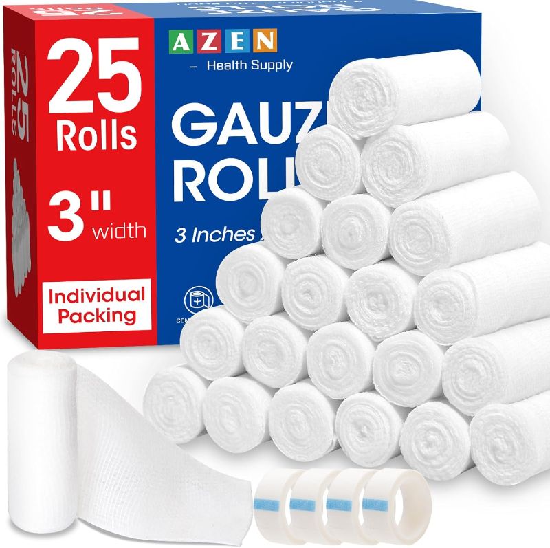 Photo 1 of 
AZEN 25 Pack Gauze Rolls Bandages, 3 in x 4.1 Yards, Premium Medical Supplies & First Aid Supplies, Bandage Wrap Vet Wrap, Mummy Wraps