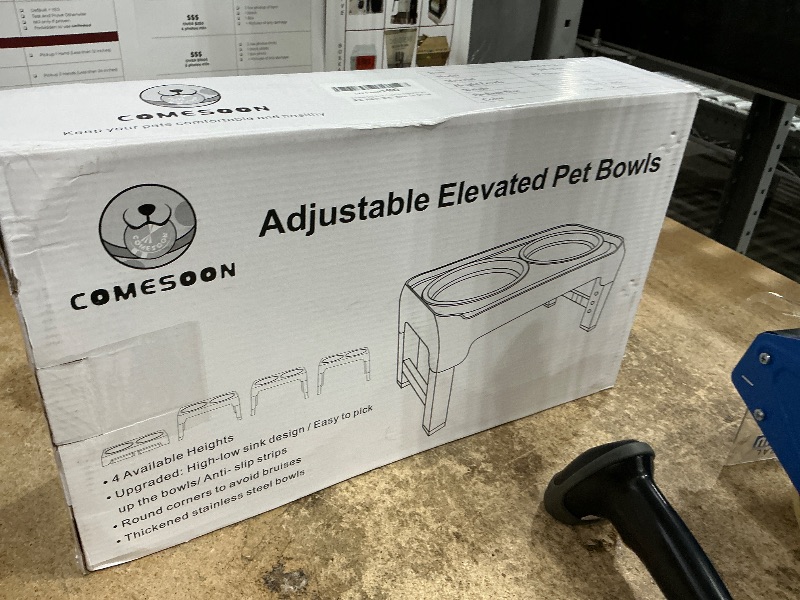 Photo 1 of **SUPPORT LEG HAS DAMAGES** COMESOON Elevated Dog Bowls, 4 Height Adjustable Raised Bowl Stand with 2 Thick 50oz Stainless Steel Food Bowls Non-Slip Feeder Adjusts to 3.7'', 9.2'', 10.75'', 12.36'' Black, (DB-W01)