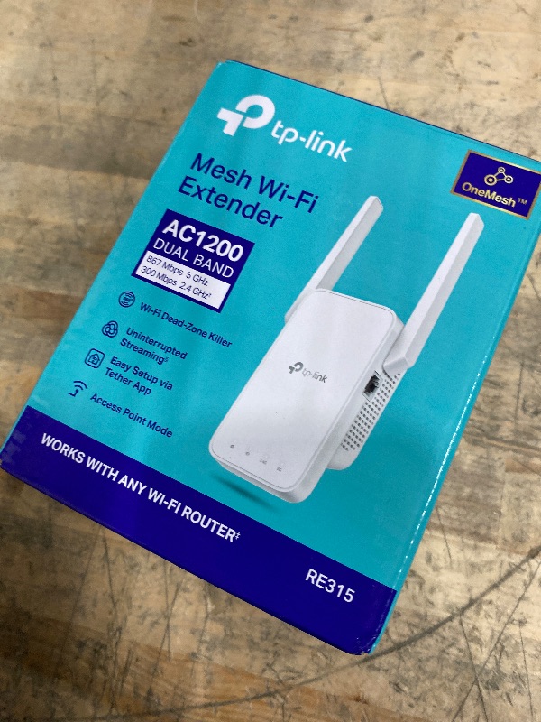 Photo 1 of (used/fair) TP-Link AC1200 WiFi Extender, 2025 Wirecutter Best WiFi Extender, 1.2Gbps Home Signal Booster, Dual Band 5GHz/2.4GHz, Up to 1600 Sq.ft and 32 Devices, EasyMesh Compatible, One Ethernet Port (RE315)