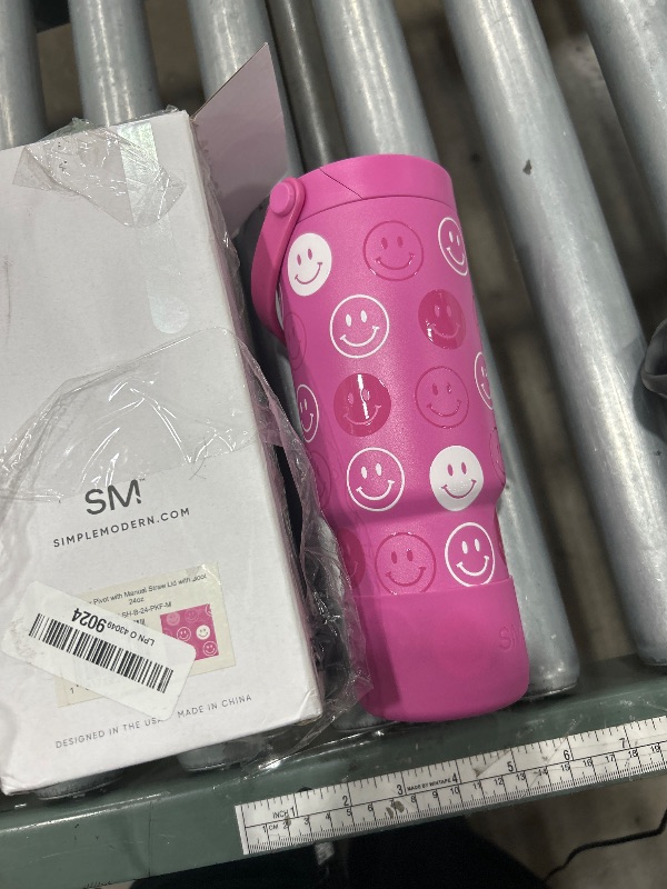 Photo 1 of *** CRACKED LID ***Simple Modern Trek Pivot | 24oz Kids Flip Straw Tumbler with Handle and Silicone Boot | Insulated Water Bottle Stainless Steel Cup | School Travel Jug | Pink Happy Faces