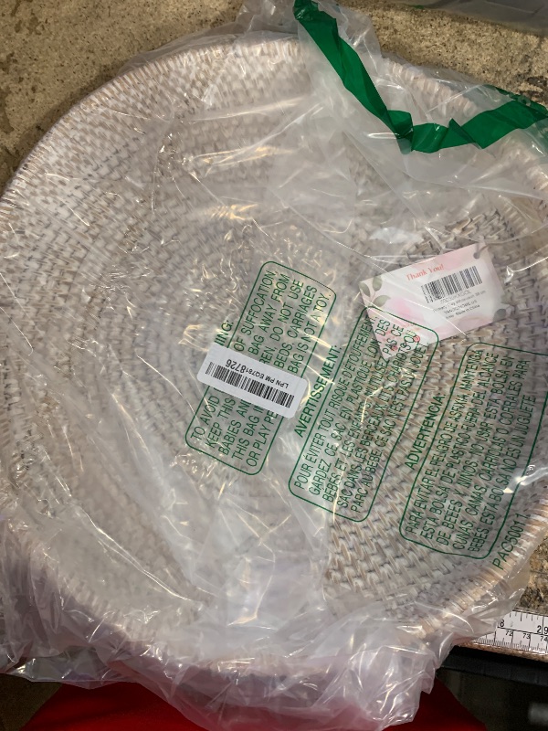 Photo 1 of 13.8 inch Round Rattan Tray, Decorative Coffee Table Tray, Ottoman Tray, Woven Serving Tray with Handles, Wicker Serving Basket, Whitewash