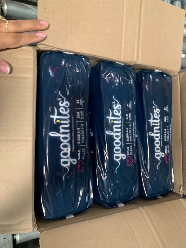 Photo 1 of (USED/FAIR) (OPEN BOX) Goodnites Girls' Bedwetting Underwear, Size S/M (43-68 lbs), 99 Ct (3 Packs of 33), Packaging May Vary