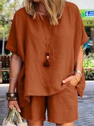 Photo 1 of  Summer SHORT AND TOP  for Women Cotton Casual Short Sleeve Short and Top Set  M Brown
